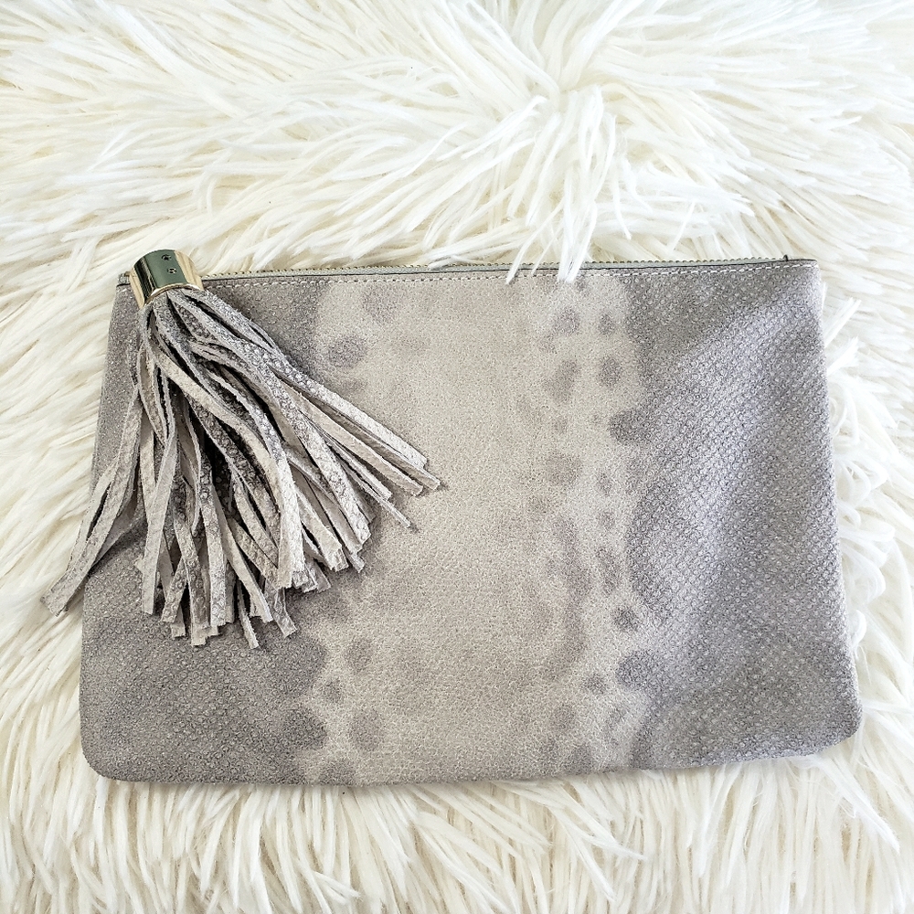 🎀GILI Leather Snake Pouch Clutch Tassel Gray QVC